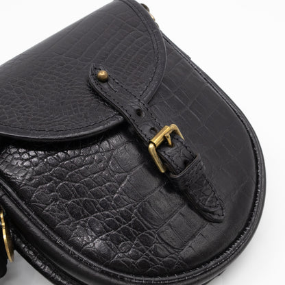 Vintage Crossbody Bag Black Croc Embossed Leather