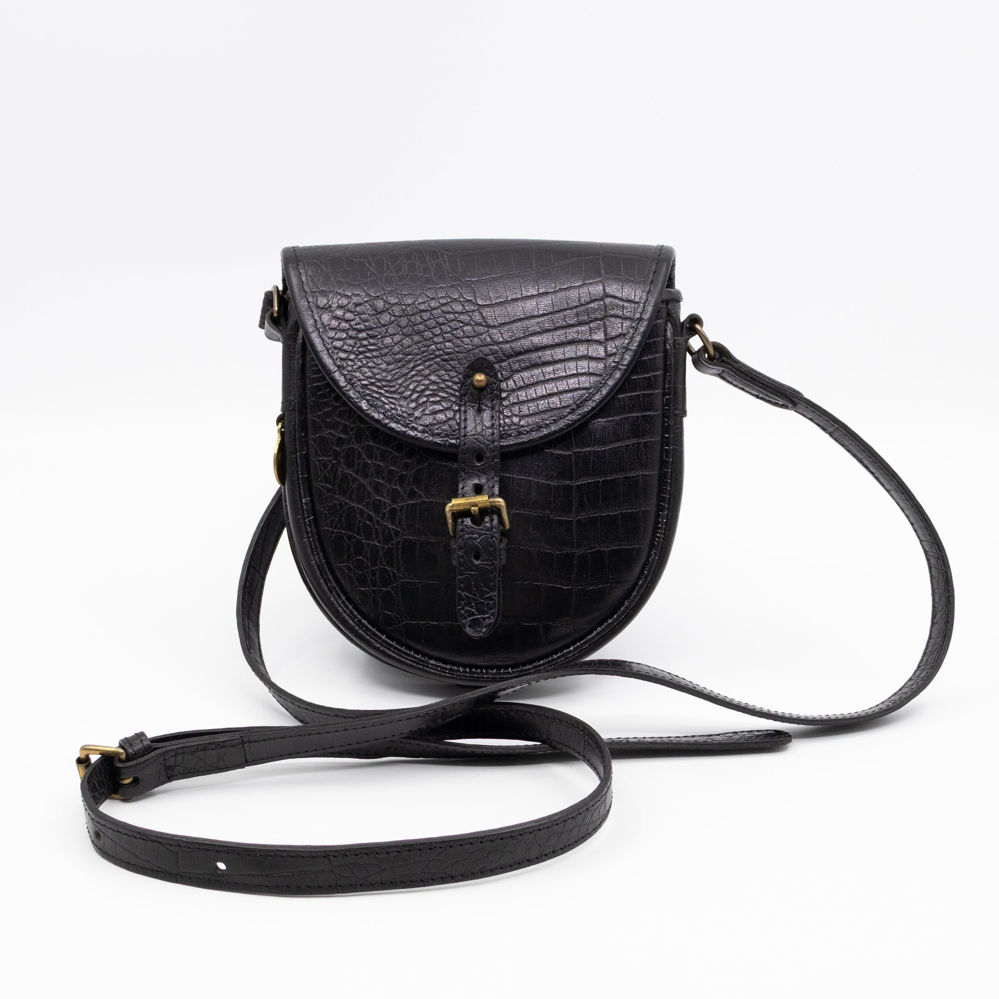 Vintage Crossbody Bag Black Croc Embossed Leather