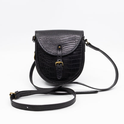 Vintage Crossbody Bag Black Croc Embossed Leather