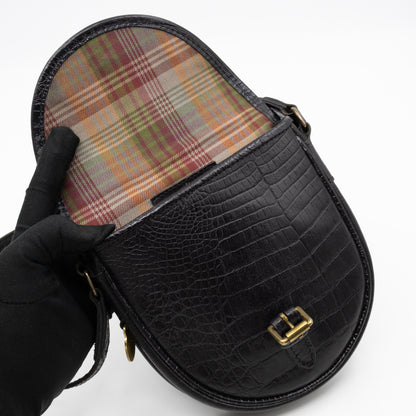 Vintage Crossbody Bag Black Croc Embossed Leather