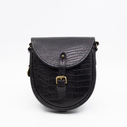 Vintage Crossbody Bag Black Croc Embossed Leather