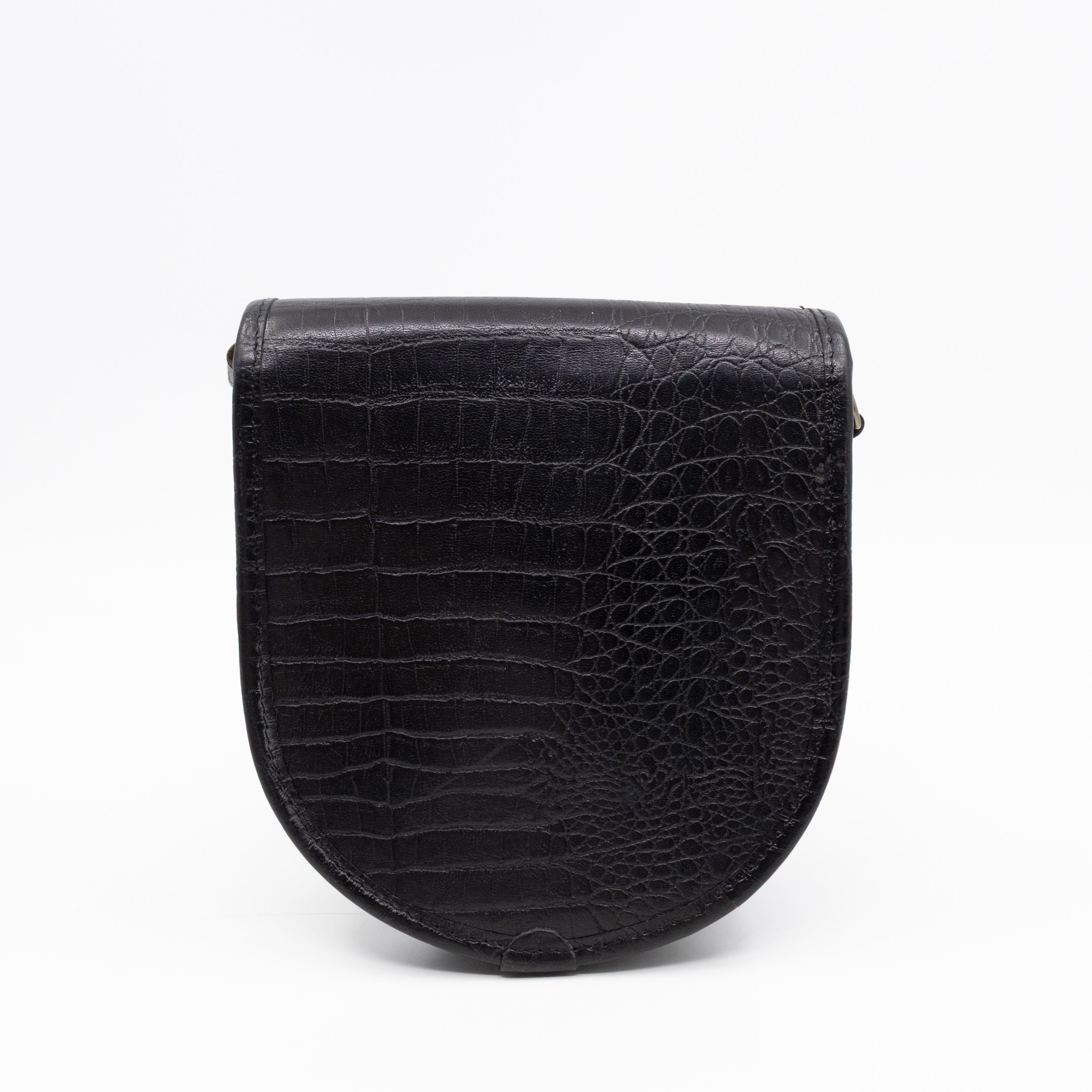 Vintage Crossbody Bag Black Croc Embossed Leather