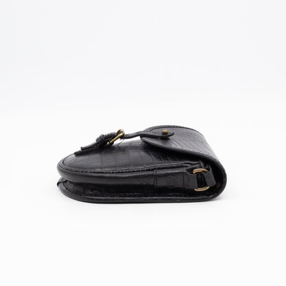 Vintage Crossbody Bag Black Croc Embossed Leather
