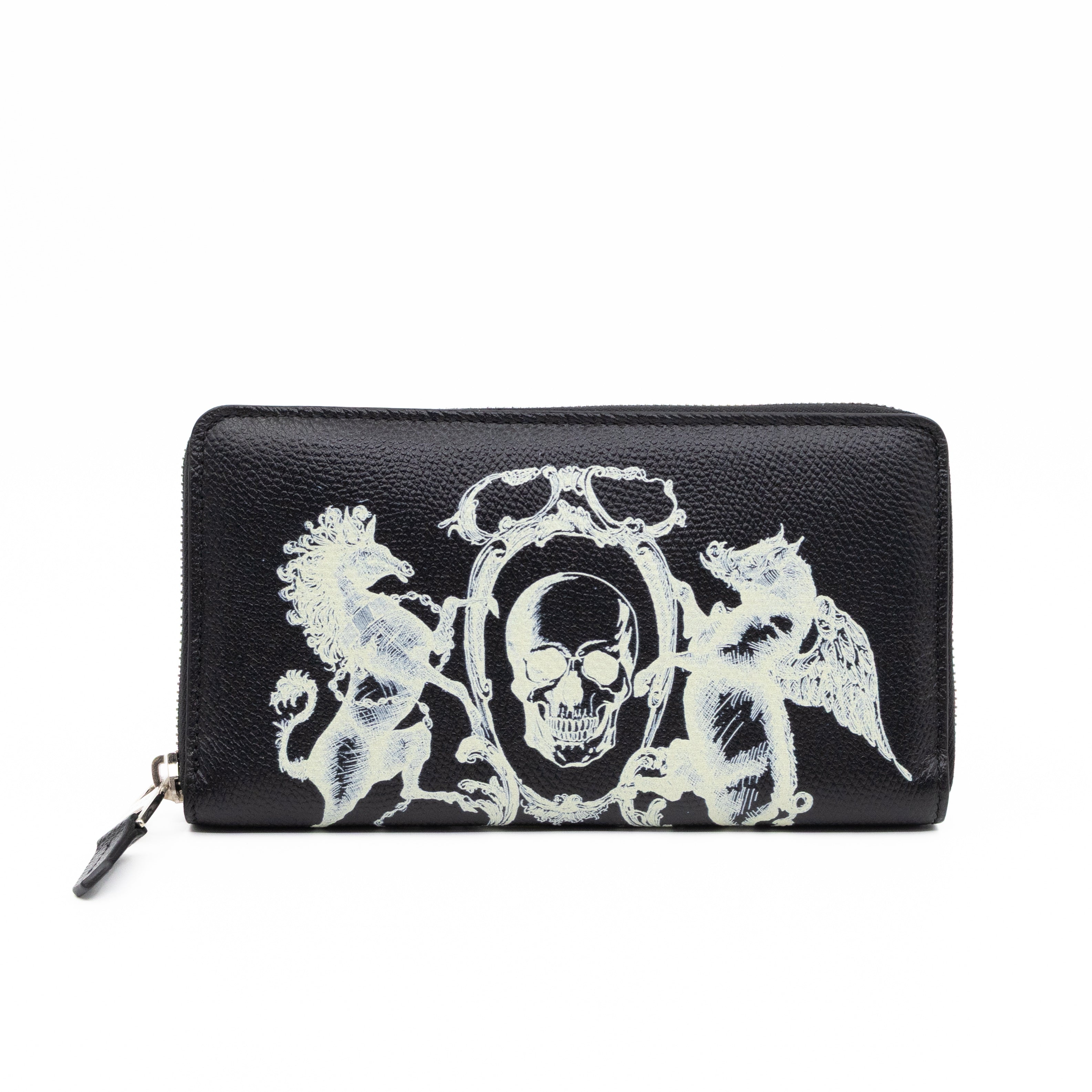 Long Zip Around Wallet Printed Black Leather