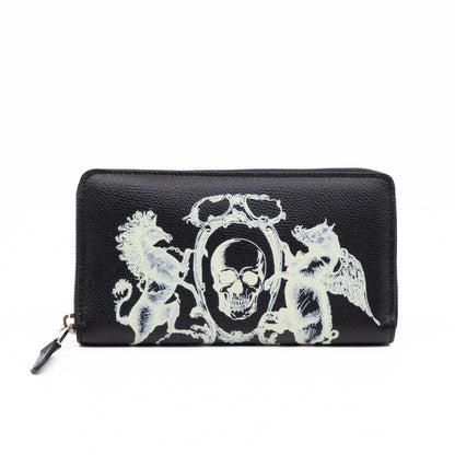 Long Zip Around Wallet Printed Black Leather