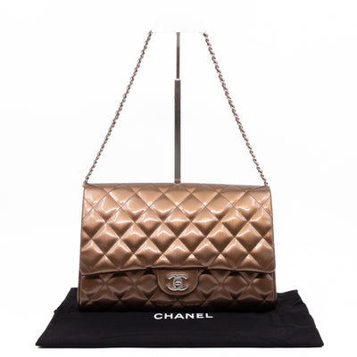 Timeless Clutch with Chain Bronze Striated Patent Leather