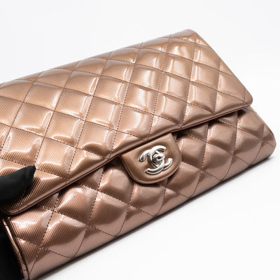 Timeless Clutch with Chain Bronze Striated Patent Leather