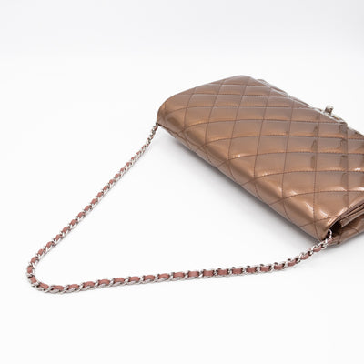 Timeless Clutch with Chain Bronze Striated Patent Leather