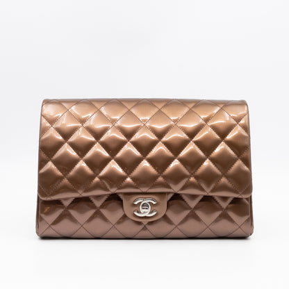 Timeless Clutch with Chain Bronze Striated Patent Leather