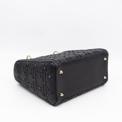 Lady Dior Medium Embellished Beads Cannage Black Leather