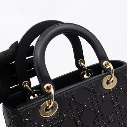Lady Dior Medium Embellished Beads Cannage Black Leather