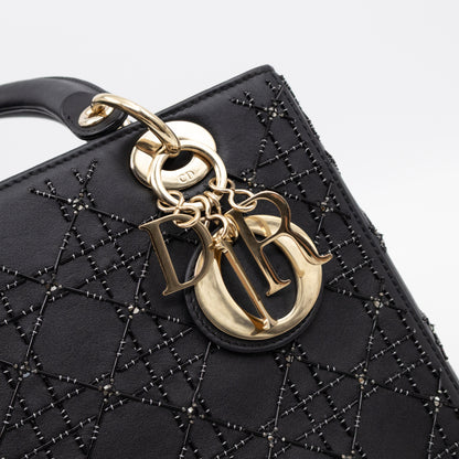 Lady Dior Medium Embellished Beads Cannage Black Leather
