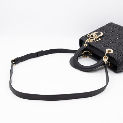 Lady Dior Medium Embellished Beads Cannage Black Leather
