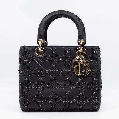 Lady Dior Medium Embellished Beads Cannage Black Leather