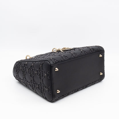 Lady Dior Medium Embellished Beads Cannage Black Leather