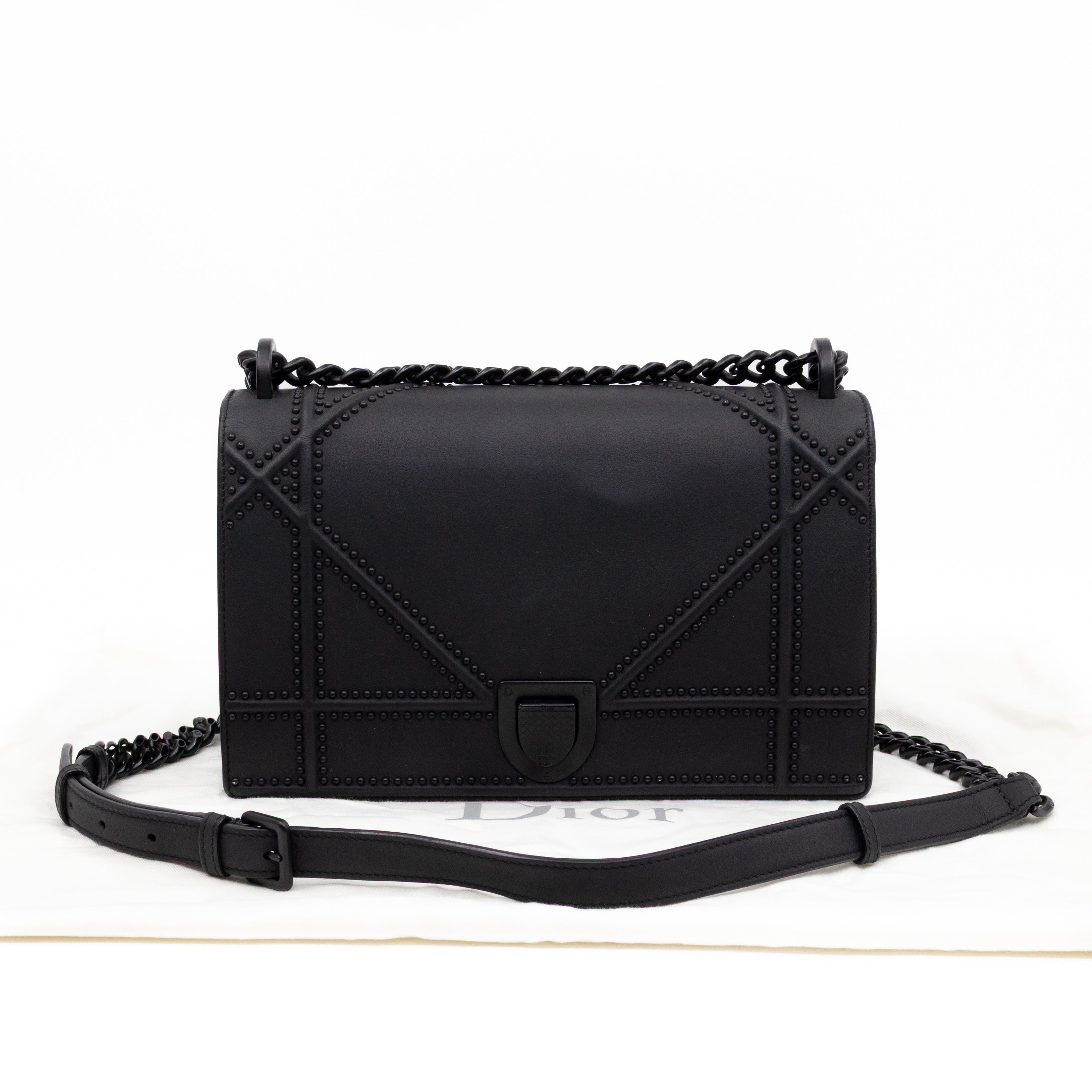 Diorama Medium Flap Bag Black Studded Matte Leather