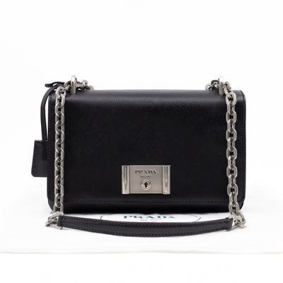 Chain Lock Flap Shoulder Bag Black Saffiano Leather