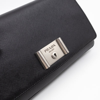 Chain Lock Flap Shoulder Bag Black Saffiano Leather