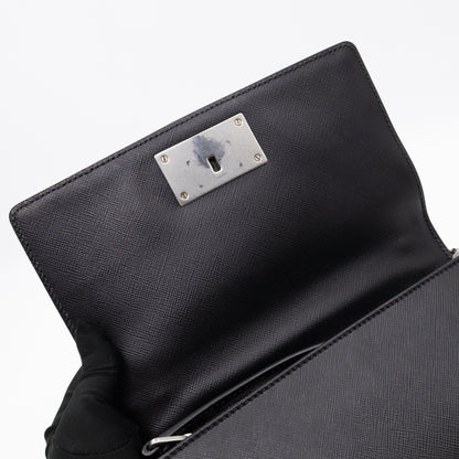 Chain Lock Flap Shoulder Bag Black Saffiano Leather