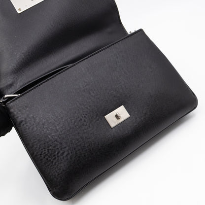 Chain Lock Flap Shoulder Bag Black Saffiano Leather