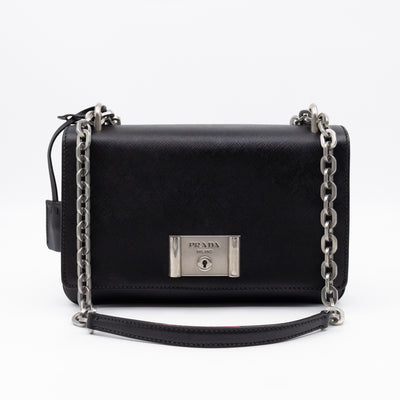 Chain Lock Flap Shoulder Bag Black Saffiano Leather