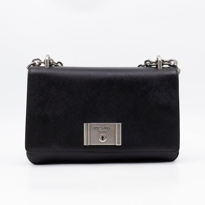 Chain Lock Flap Shoulder Bag Black Saffiano Leather