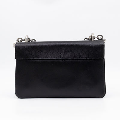 Chain Lock Flap Shoulder Bag Black Saffiano Leather
