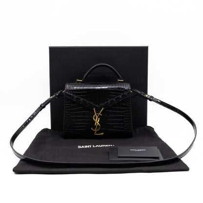 Cassandra Mini Top Handle Black Croc Embossed Leather