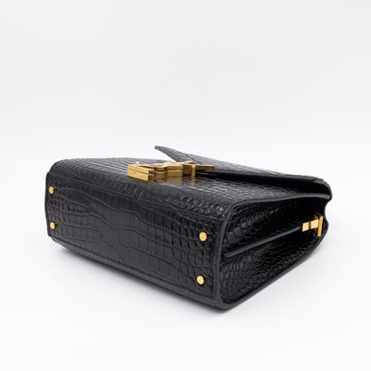 Cassandra Mini Top Handle Black Croc Embossed Leather