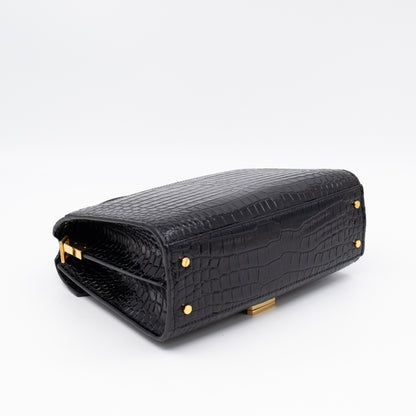 Cassandra Mini Top Handle Black Croc Embossed Leather