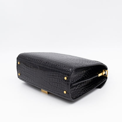 Cassandra Mini Top Handle Black Croc Embossed Leather