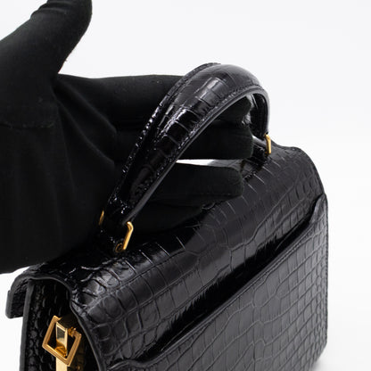 Cassandra Mini Top Handle Black Croc Embossed Leather