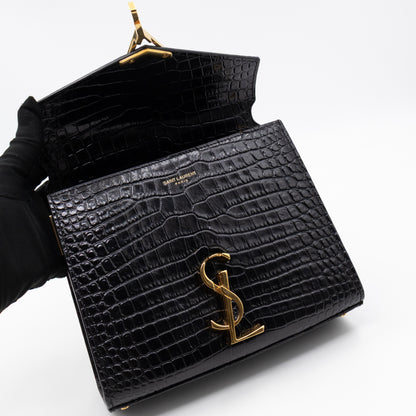 Cassandra Mini Top Handle Black Croc Embossed Leather
