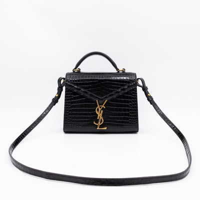 Cassandra Mini Top Handle Black Croc Embossed Leather