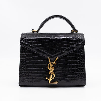 Cassandra Mini Top Handle Black Croc Embossed Leather