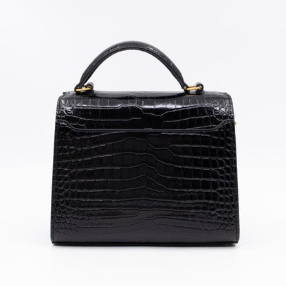 Cassandra Mini Top Handle Black Croc Embossed Leather