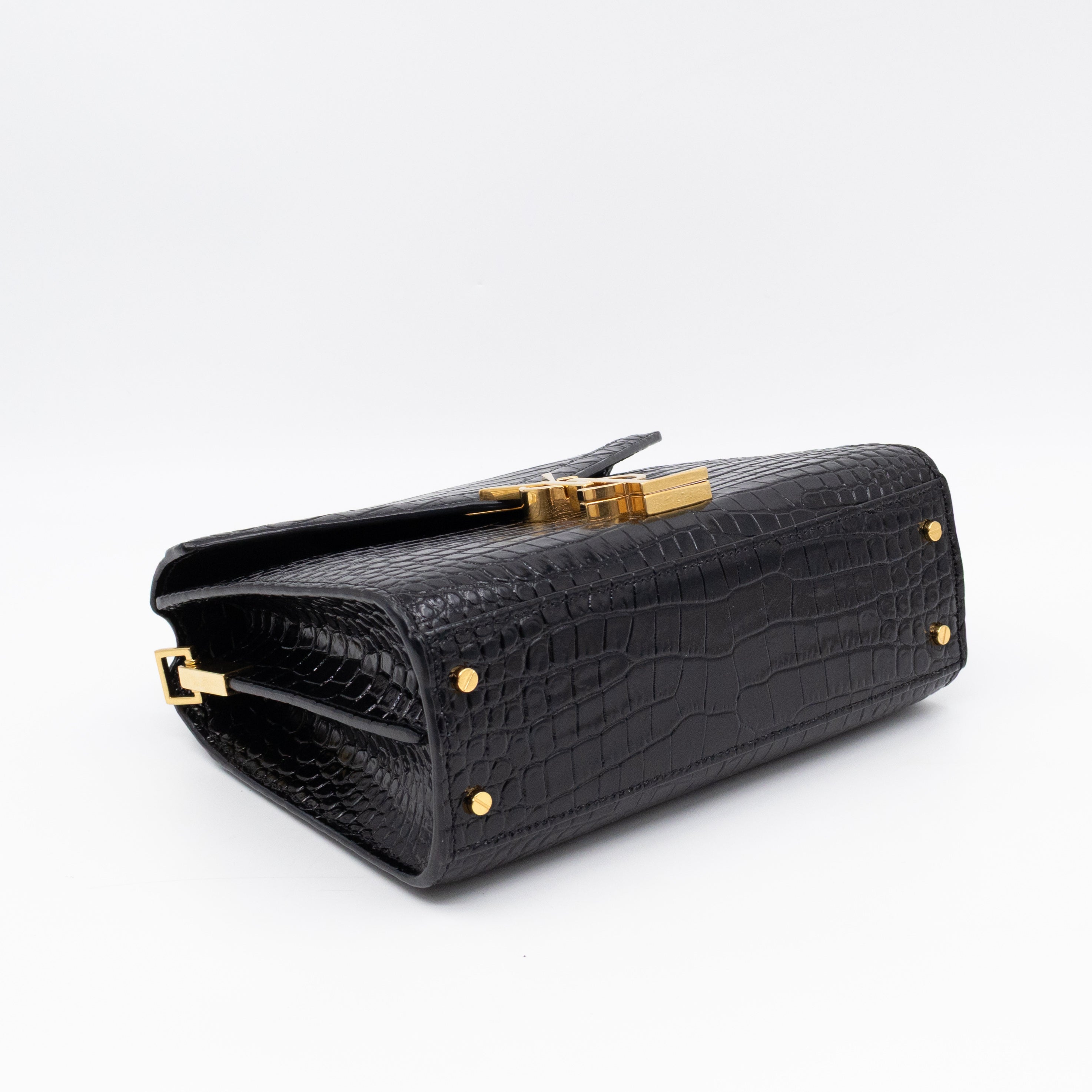 Cassandra Mini Top Handle Black Croc Embossed Leather