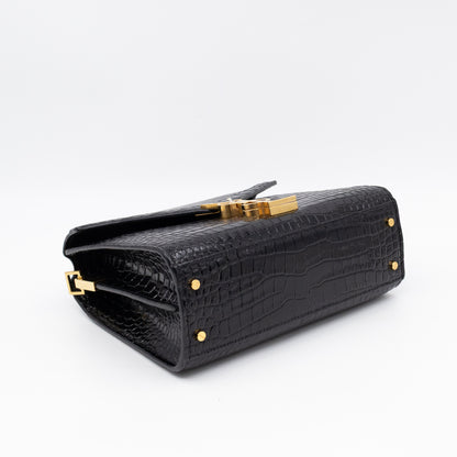 Cassandra Mini Top Handle Black Croc Embossed Leather