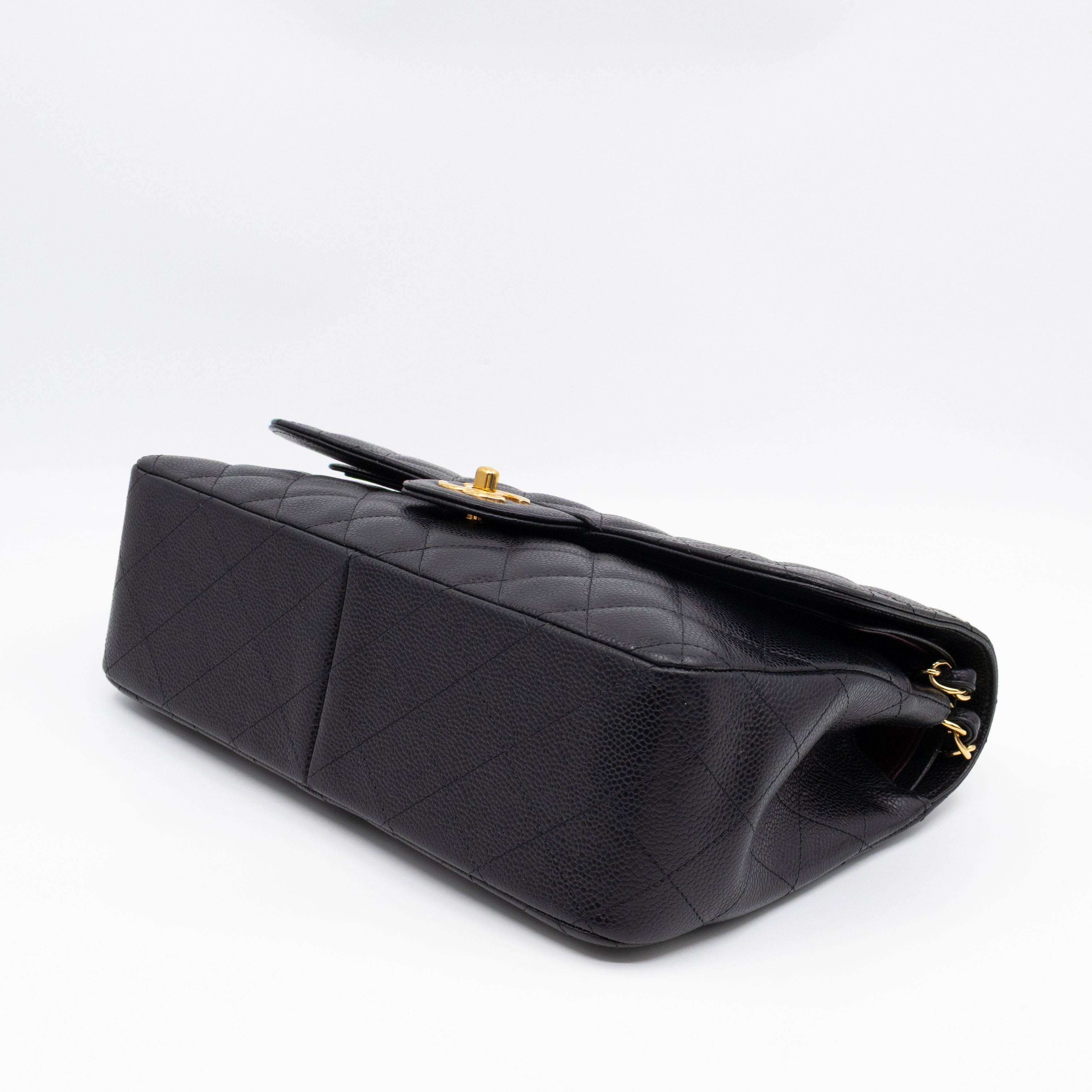 Classic Double Flap Jumbo Black Caviarskin Leather Gold