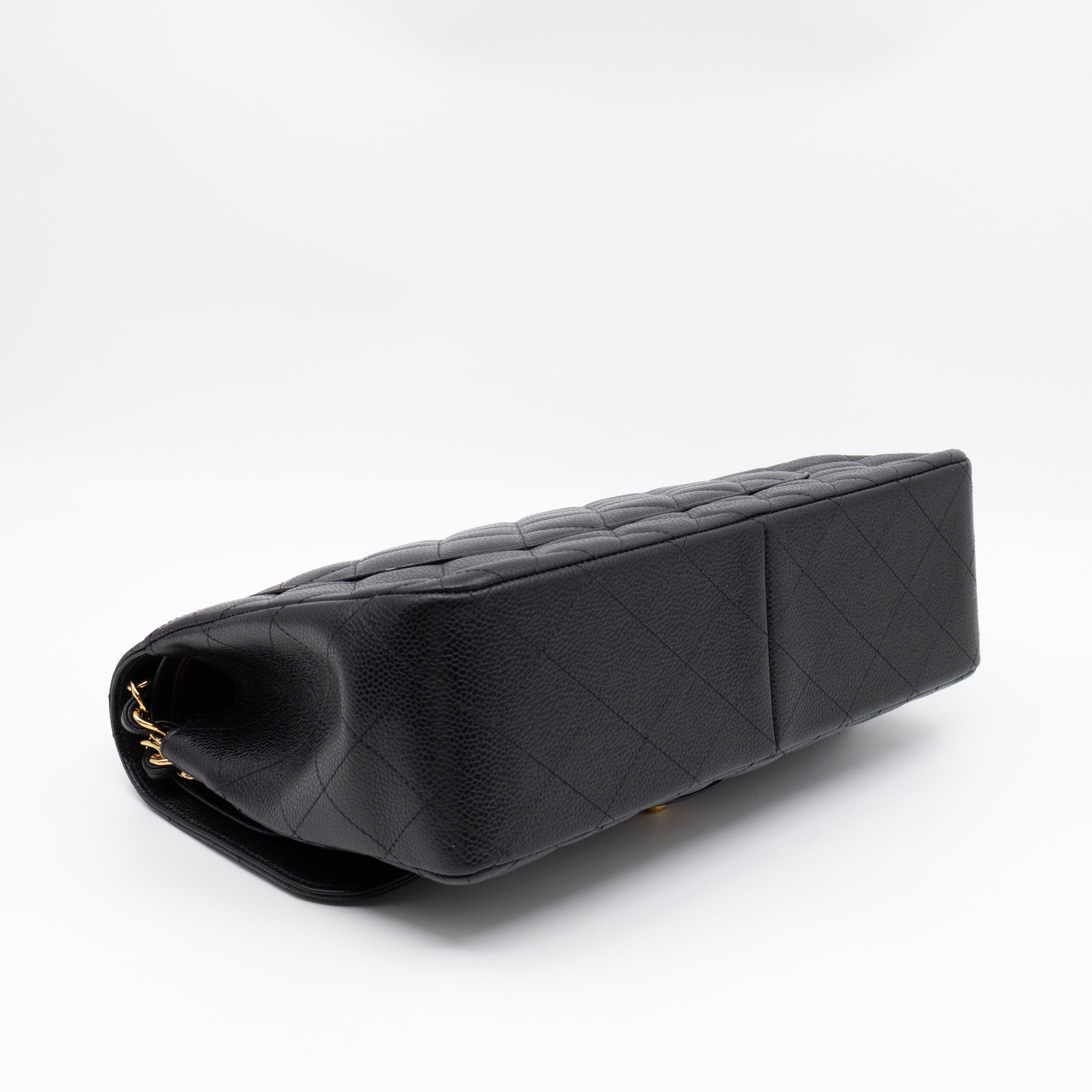 Classic Double Flap Jumbo Black Caviarskin Leather Gold