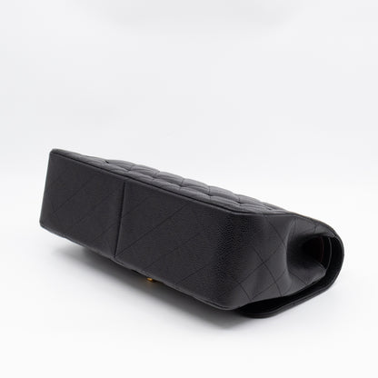 Classic Double Flap Jumbo Black Caviarskin Leather Gold