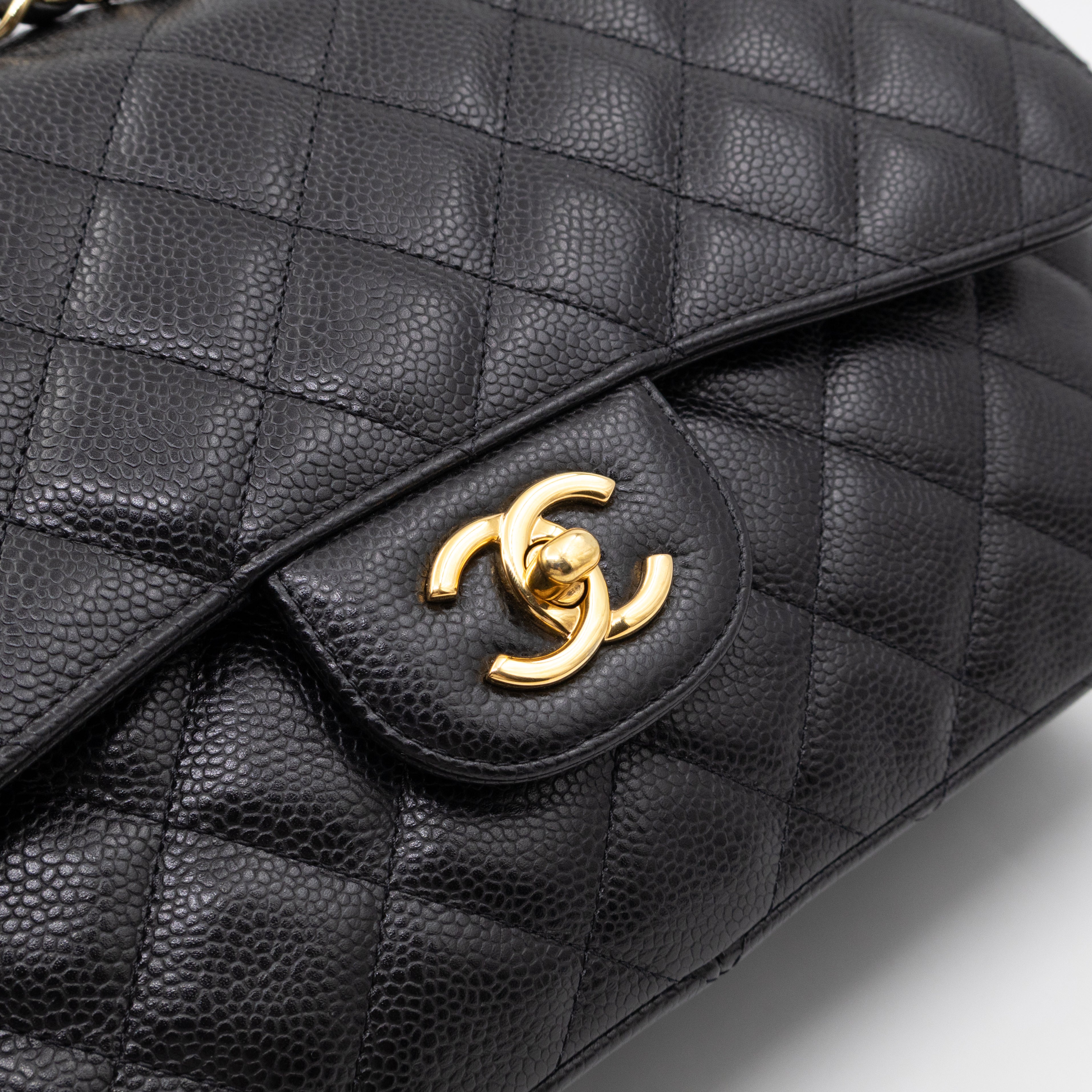 Classic Double Flap Jumbo Black Caviarskin Leather Gold