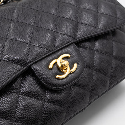 Classic Double Flap Jumbo Black Caviarskin Leather Gold