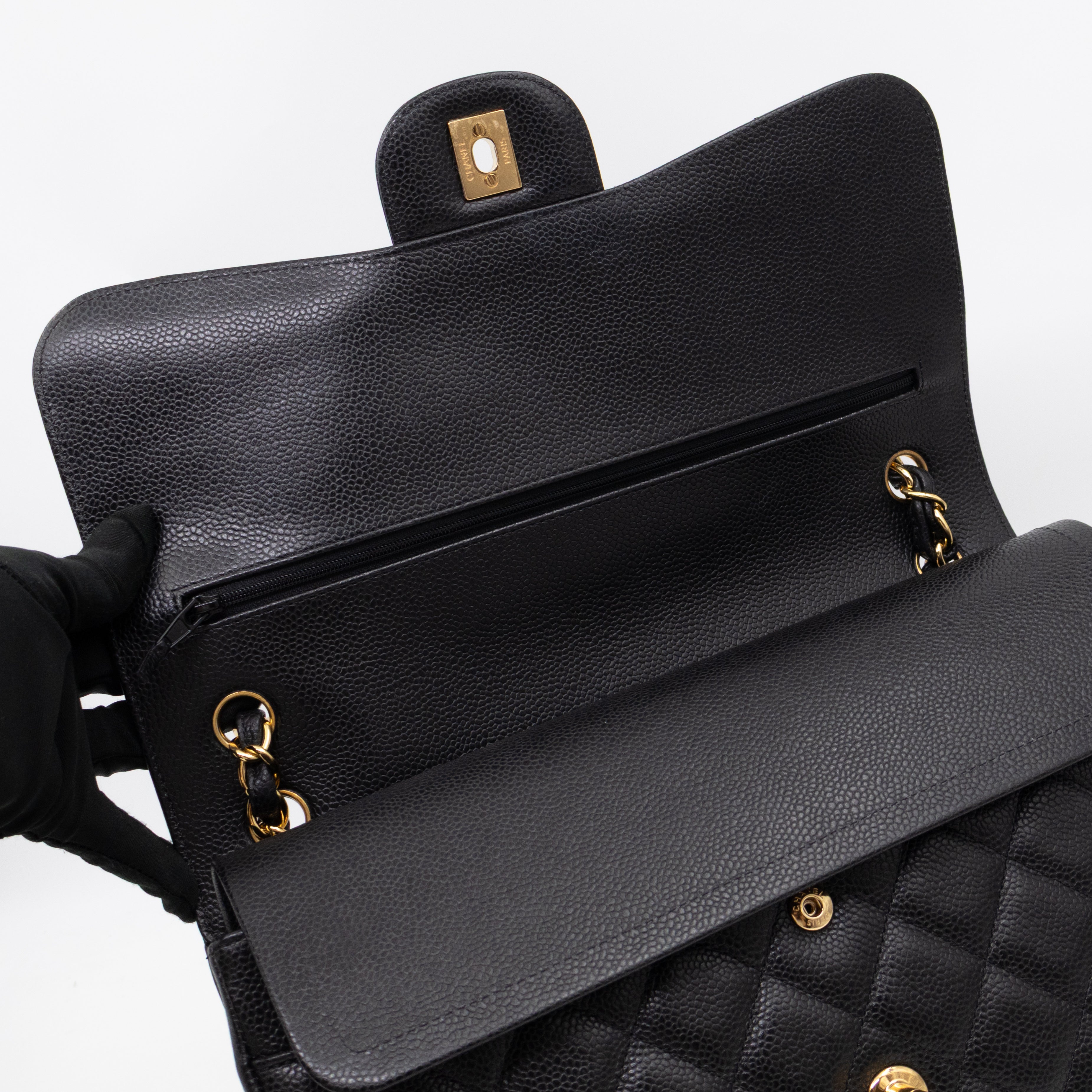 Classic Double Flap Jumbo Black Caviarskin Leather Gold
