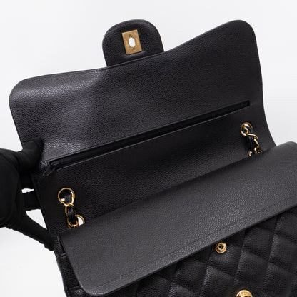 Classic Double Flap Jumbo Black Caviarskin Leather Gold