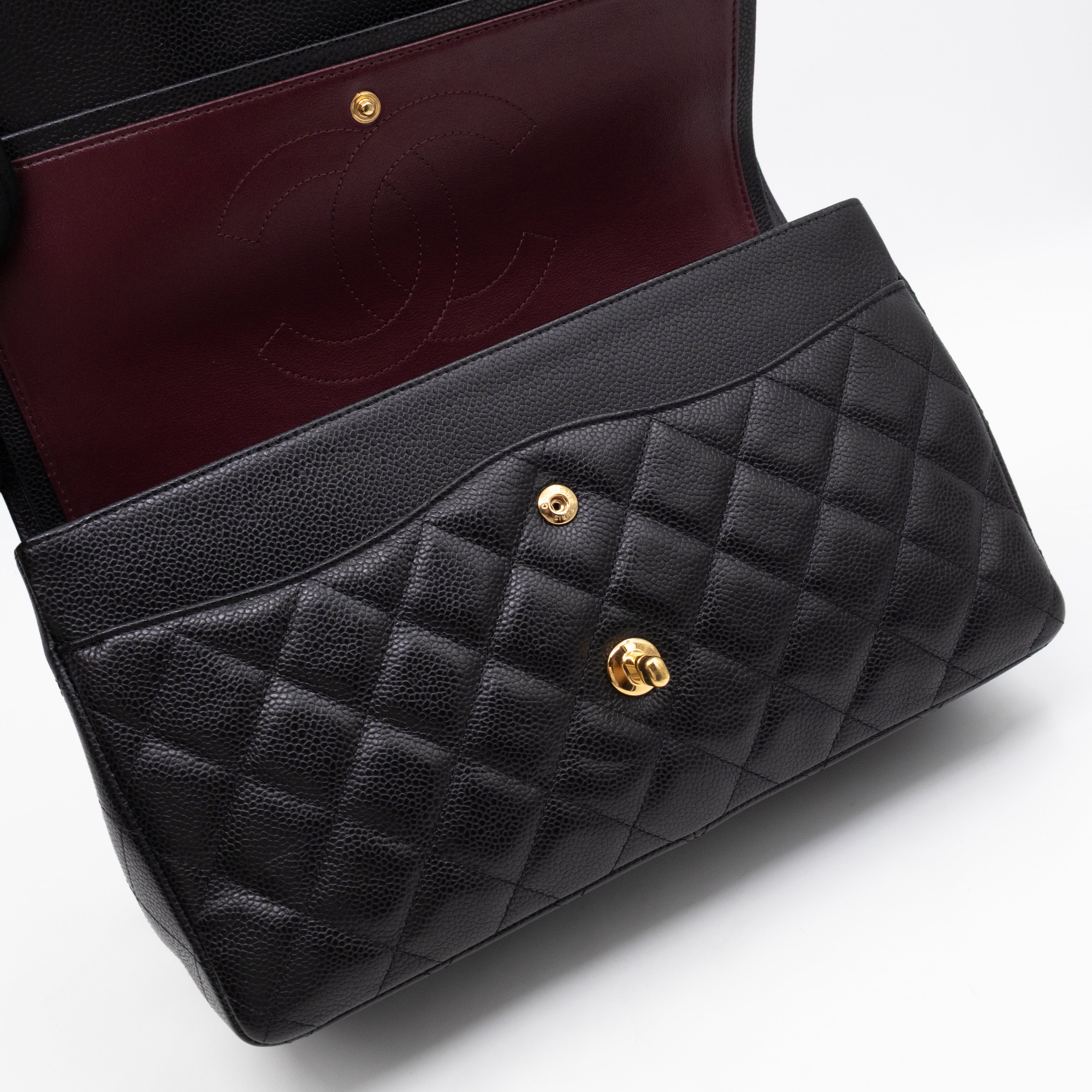 Classic Double Flap Jumbo Black Caviarskin Leather Gold