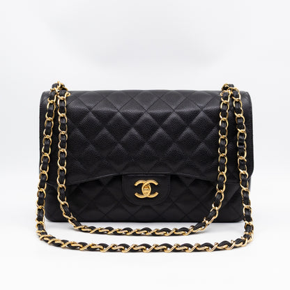 Classic Double Flap Jumbo Black Caviarskin Leather Gold