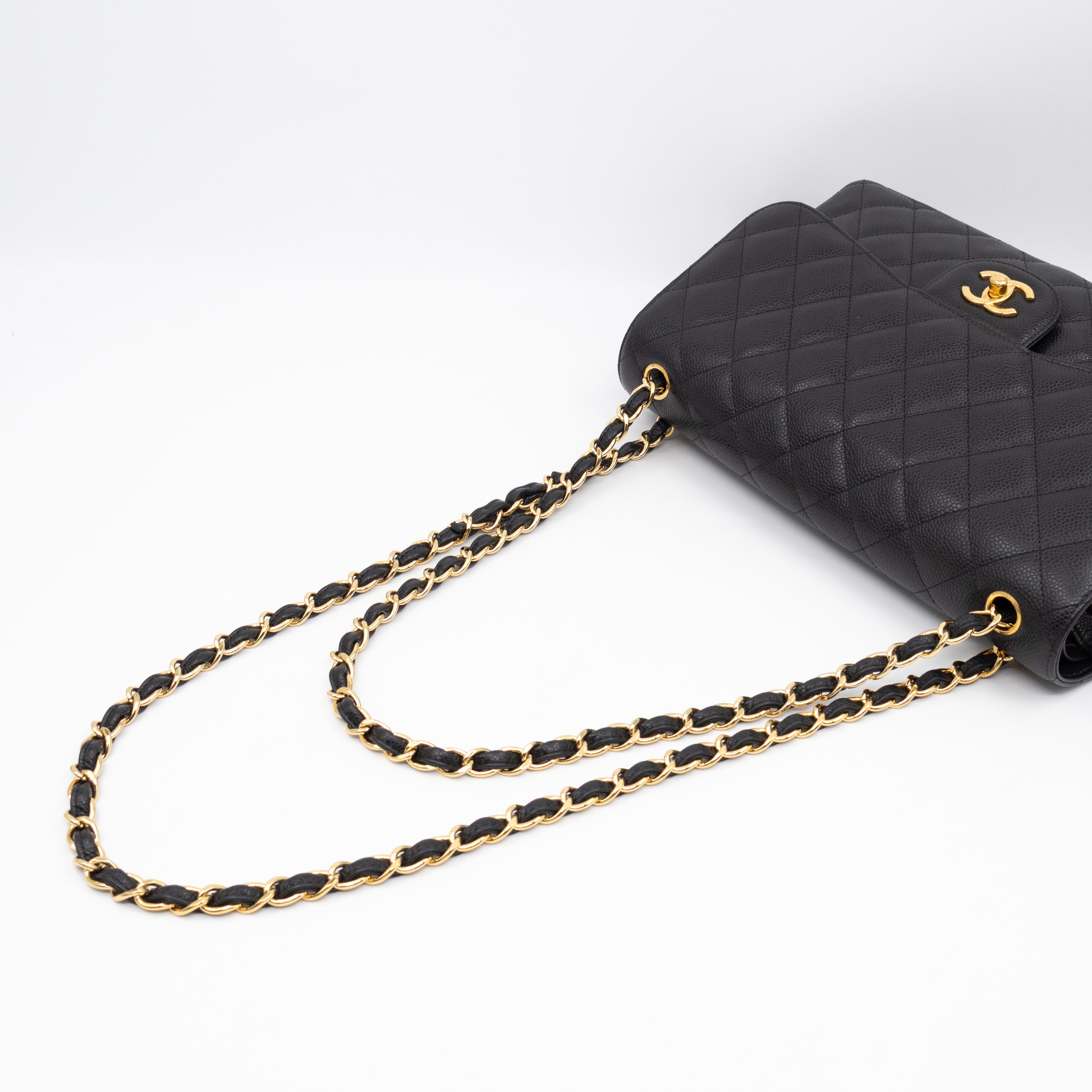 Classic Double Flap Jumbo Black Caviarskin Leather Gold