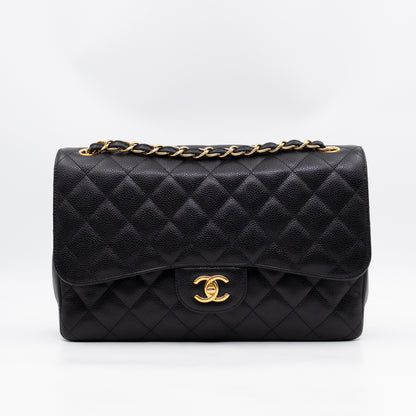 Classic Double Flap Jumbo Black Caviarskin Leather Gold