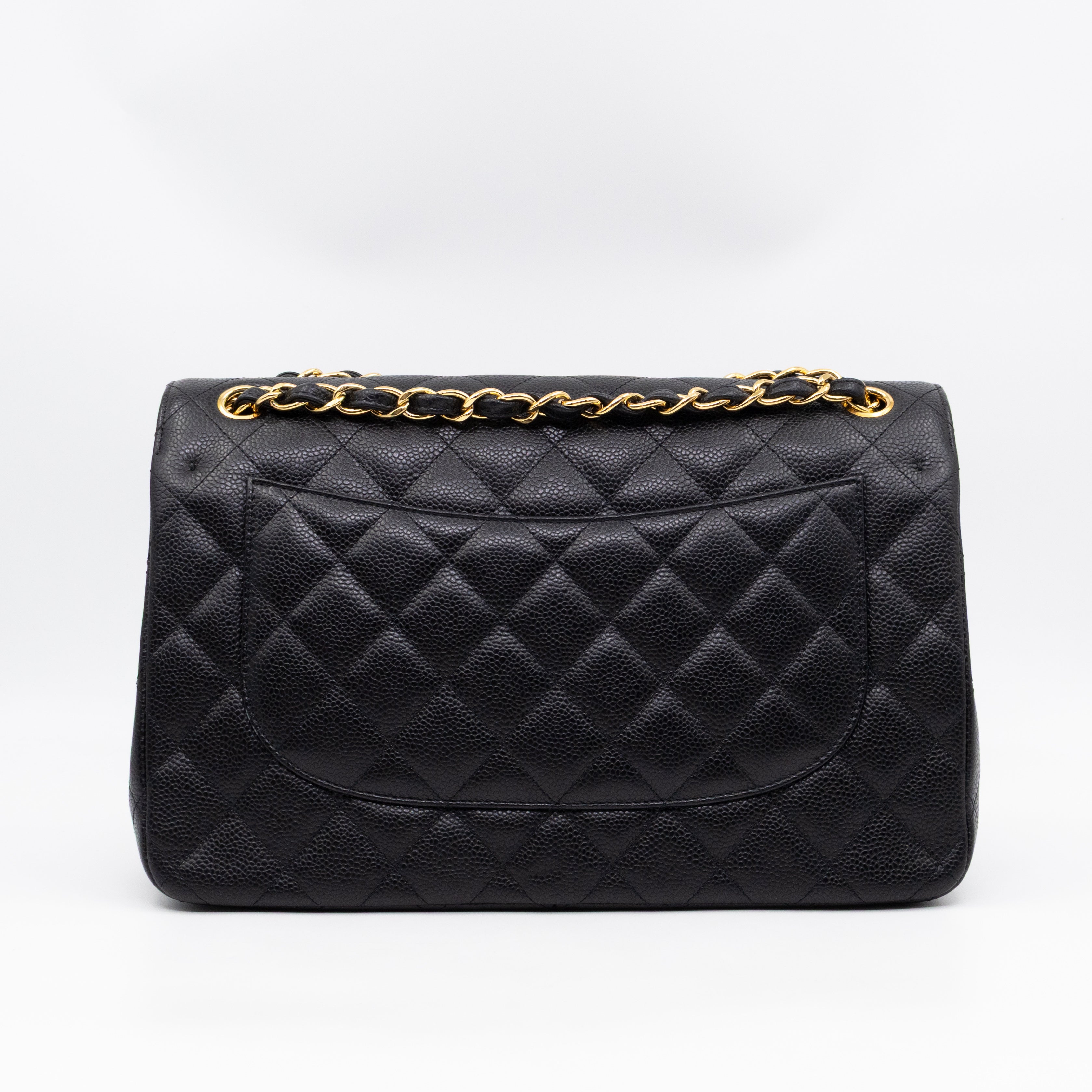 Classic Double Flap Jumbo Black Caviarskin Leather Gold